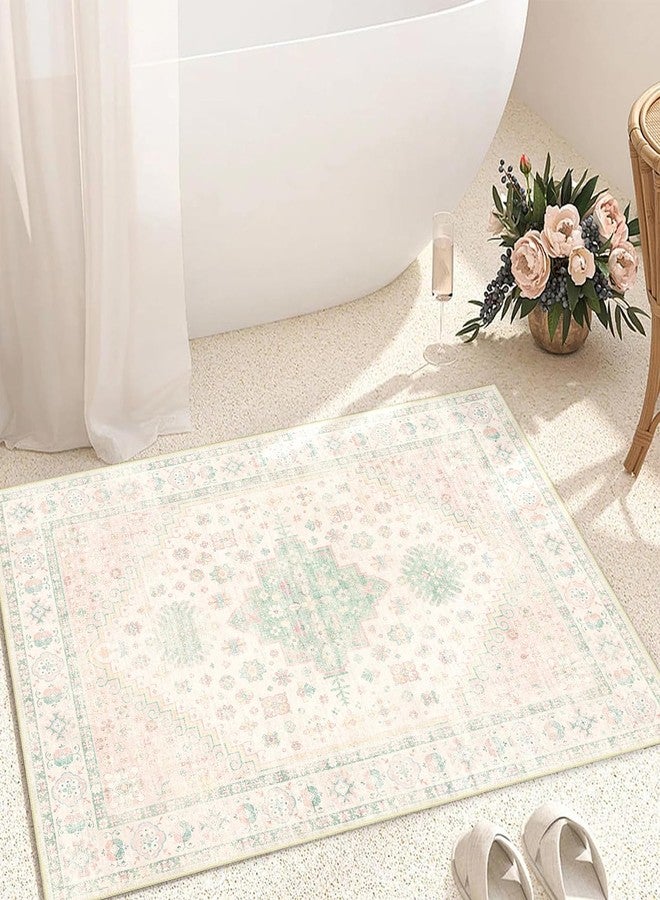 MUJOO Small Rug,2x3 Washable Area Rugs for Bathroom Entryway Entry Entrance Bedroom,Indoor Front Door Mat Non Slip Throw Carpet Boho Low Pile Light Pink and Green - Image 2